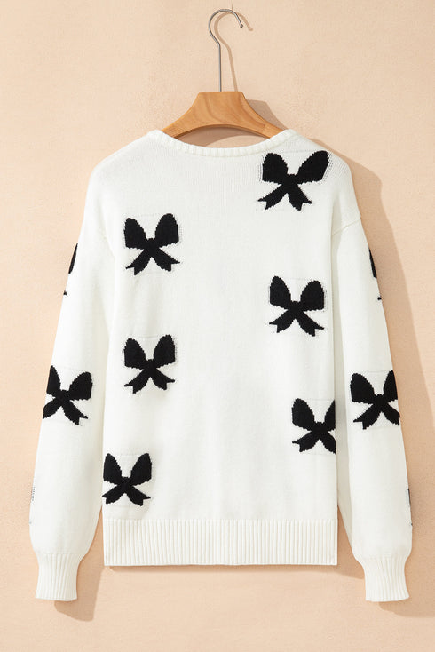 Ribbon Tie Front Bow Jacquard Knit Cardigan